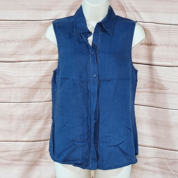 Eddie Bauer Tops - Eddie Bauer shirt linen sleeveless collar button up crochet detail navy blue SP